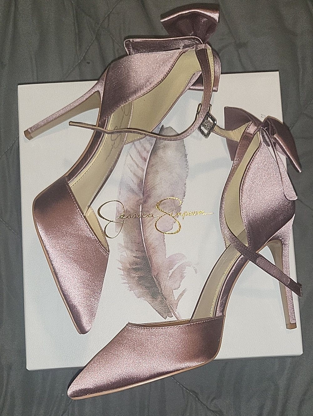 Jessica Simpson Mauve Taupe Satin D'Orsay Heels with Bow Accent